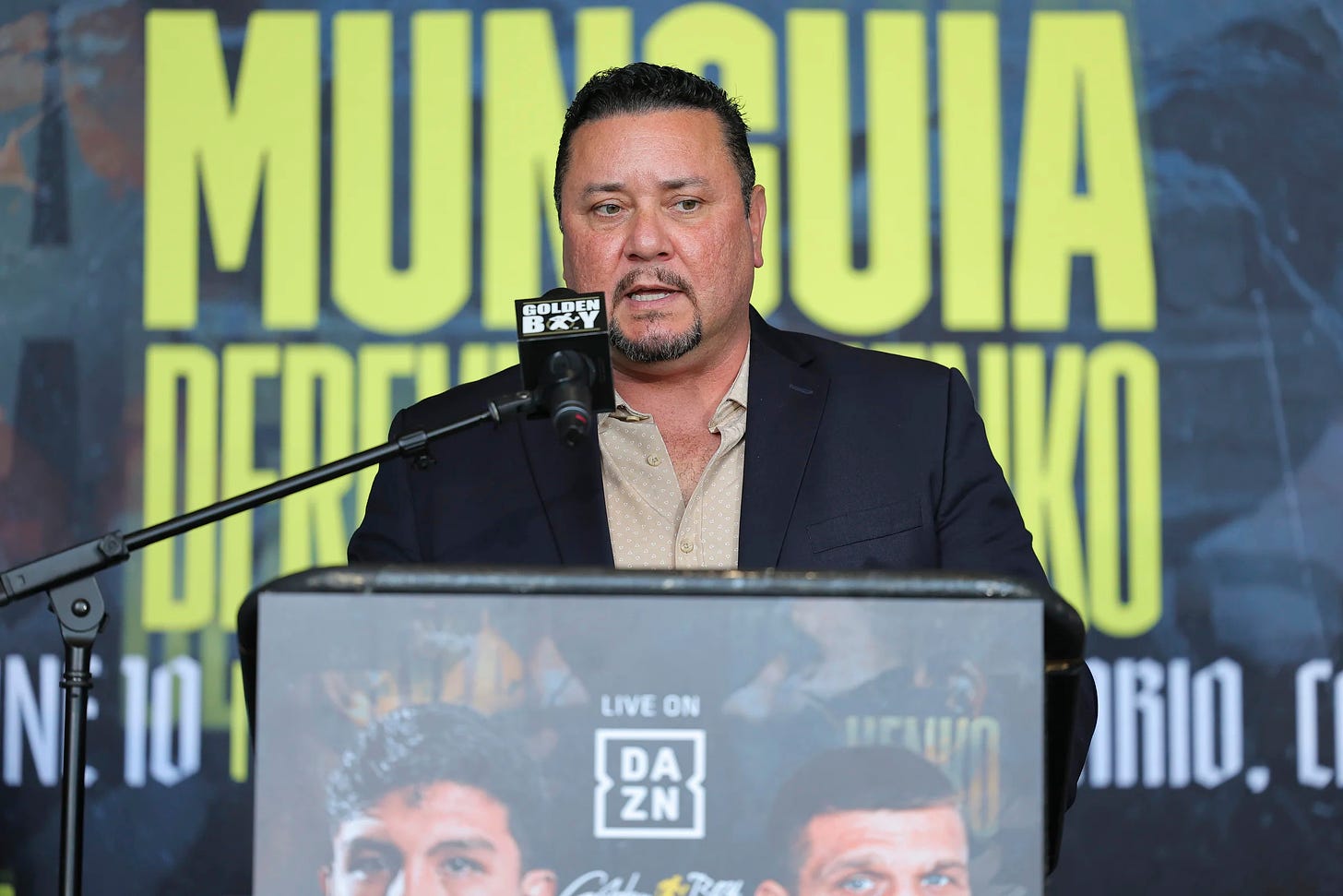 ONTARIO, CALIFORNIA - JUNE 08: Golden Boy president Eric Gomez speaks to the media at Toyota Arena on June 08, 2023 in Ontario, California. (Photo by Cris Esqueda/Golden Boy/Golden Boy Promotions via Getty Images)