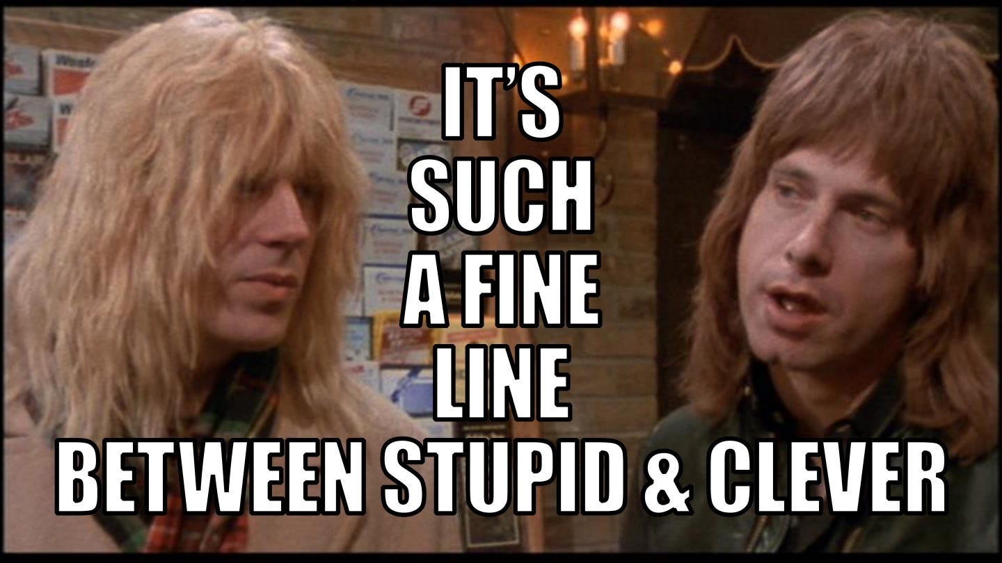 Screenshot from the movie 'This Is Spinal Tap' showing David and Nigel with the quote, "It's a fine line between stupid and clever."