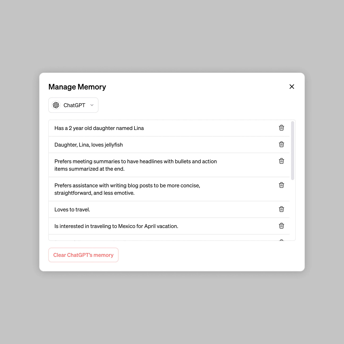 The "Manage Memory" settings dialog