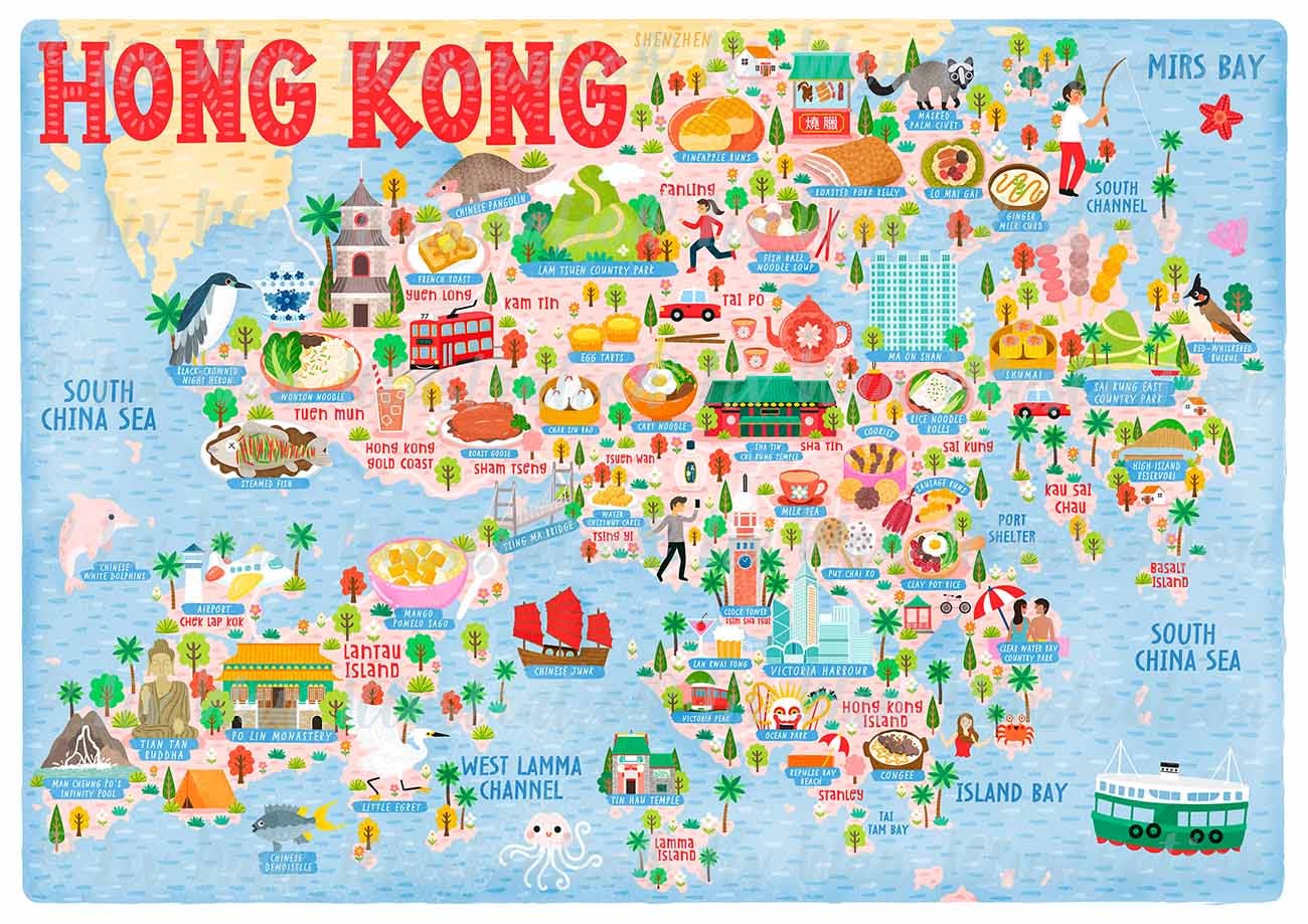 Una mappa illustrata e molto colorata di Hong Kong