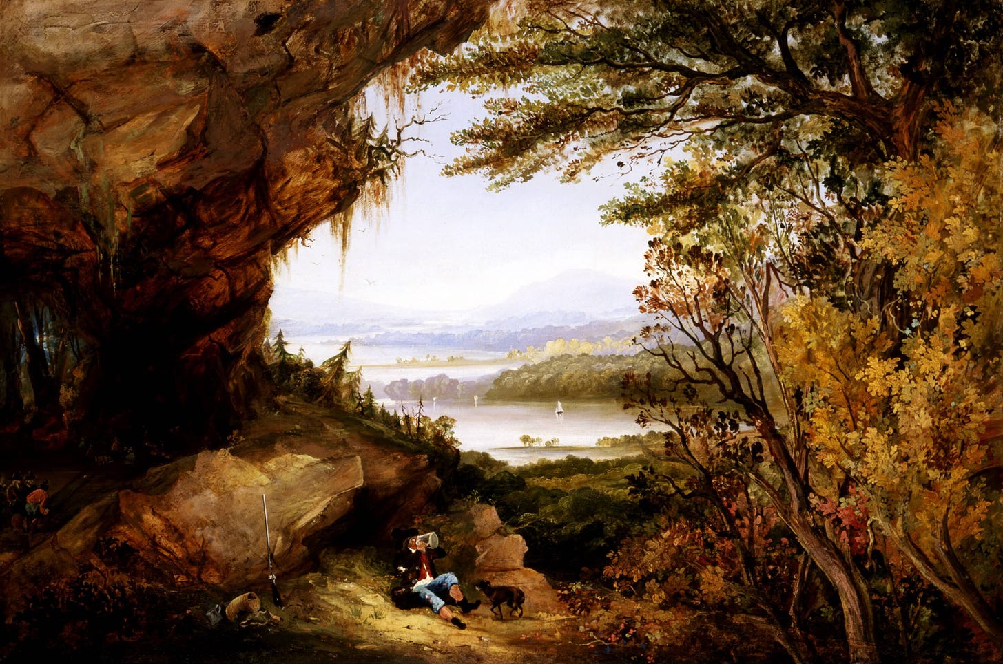 oil painting of Rip Van Winkle drinking in the Catskills titled "Scene on the Hudson" by James Hamilton
