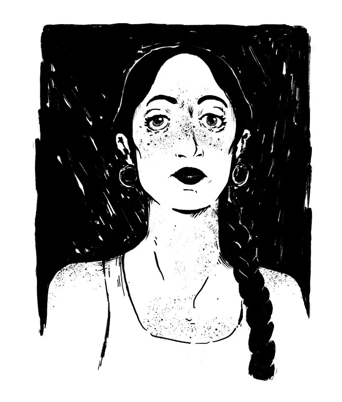 Black and white drawing of a woman with an extra long braid