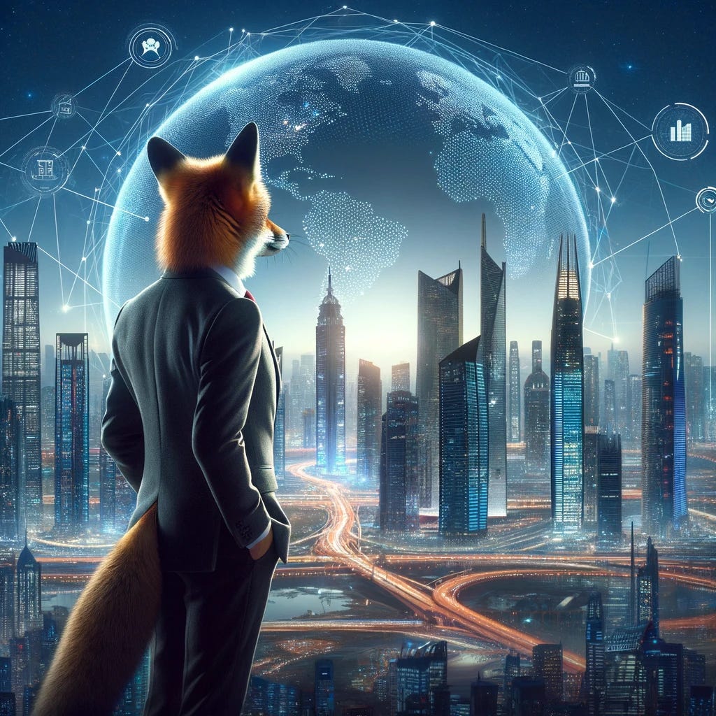 A futuristic cityscape with a smartly dressed fox standing in the foreground, gazing at the skyline, embodying the concept of a '10x engineer'. The city is buzzing with innovative technologies and skyscrapers, symbolizing progress and creativity.