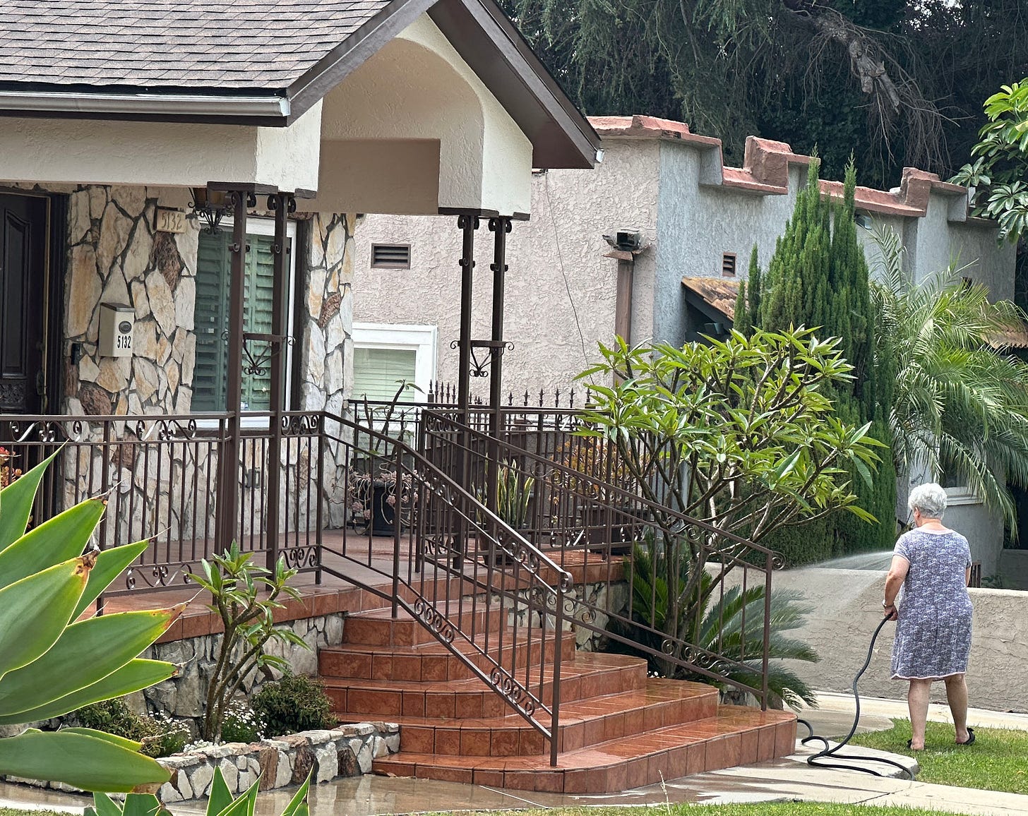An old woman watering her flowers