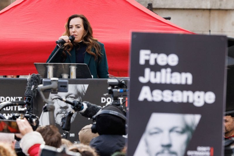 Julian Assange's wife, Stella Assange, urged protesters to keep up their support for the WikiLeaks founder as a two-day hearing on his appeal of an order to extradite him to the United States got underway Tuesday. Photo by Tolga Akmen/EPA-EFE