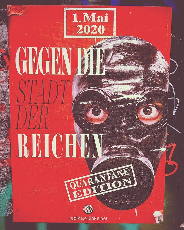 A red poster featuring a person wearing a gas mask.' The text mentions the anti-fascist demonstration in Berlin May 1, 2020.