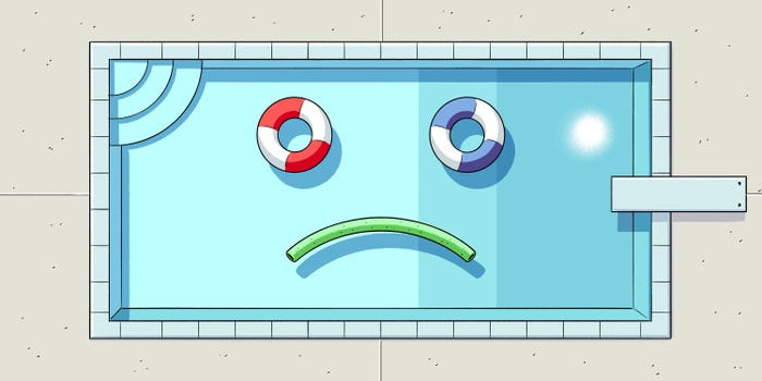 An illustration of a pool with floaties in the shape of a frowning face