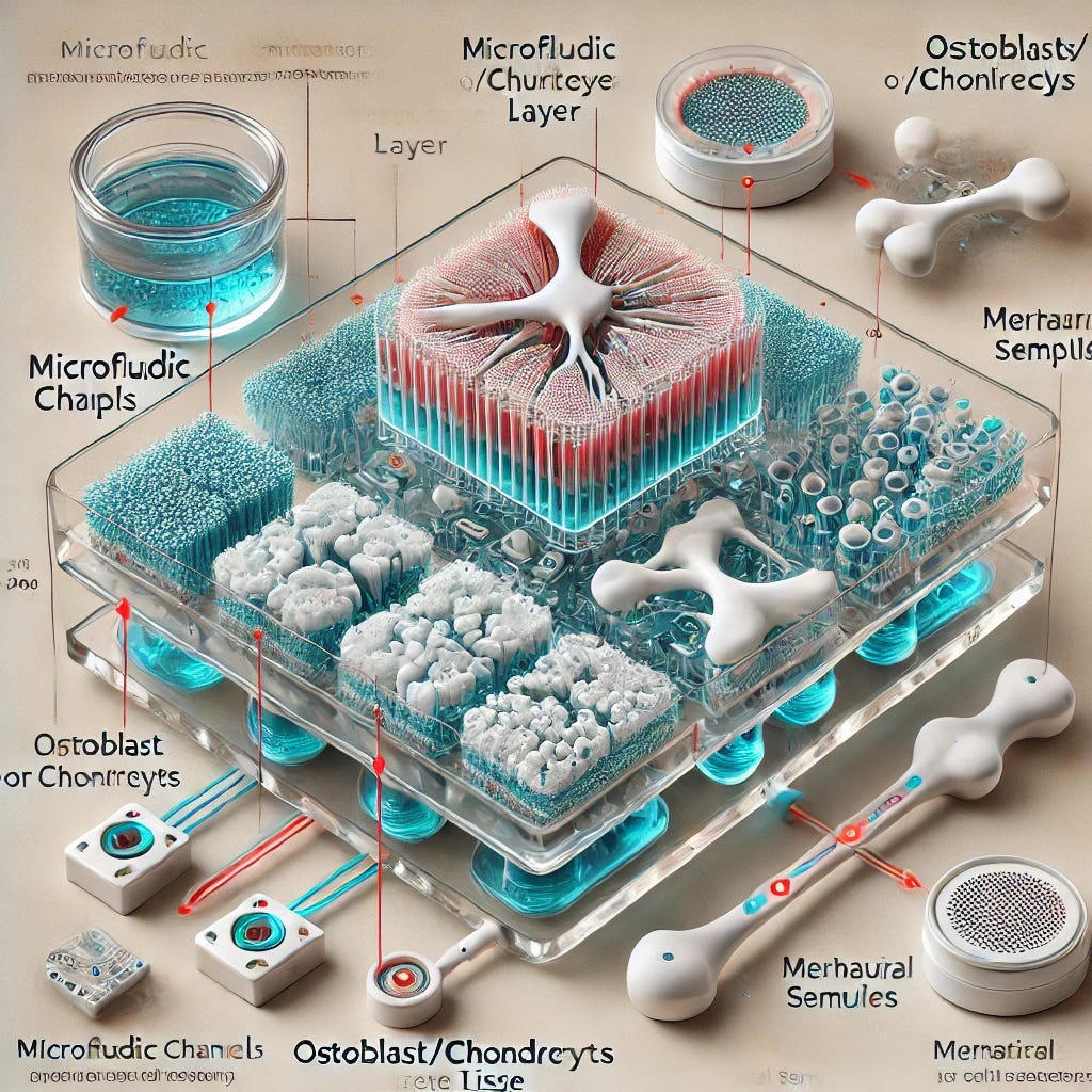 A detailed illustration of an organ-on-a-chip system designed for orthopedic research. The central feature is a transparent microfluidic chip with chambers that mimic joint or bone tissues, with one chamber showing 3D layers representing bone or cartilage tissue, including labeled osteoblasts or chondrocytes. Surrounding the chip are fluidic channels, with arrows showing media flow to simulate nutrient supply. Mechanical stimuli are represented by arrows applying compression or stretching forces to the tissue layers. Small sensors are integrated into the system to monitor cell responses. Labeled components like 'Microfluidic Channels,' 'Osteoblast/Chondrocyte Layer,' 'Perfusion System,' 'Mechanical Stimuli,' and 'Biosensors' are indicated.