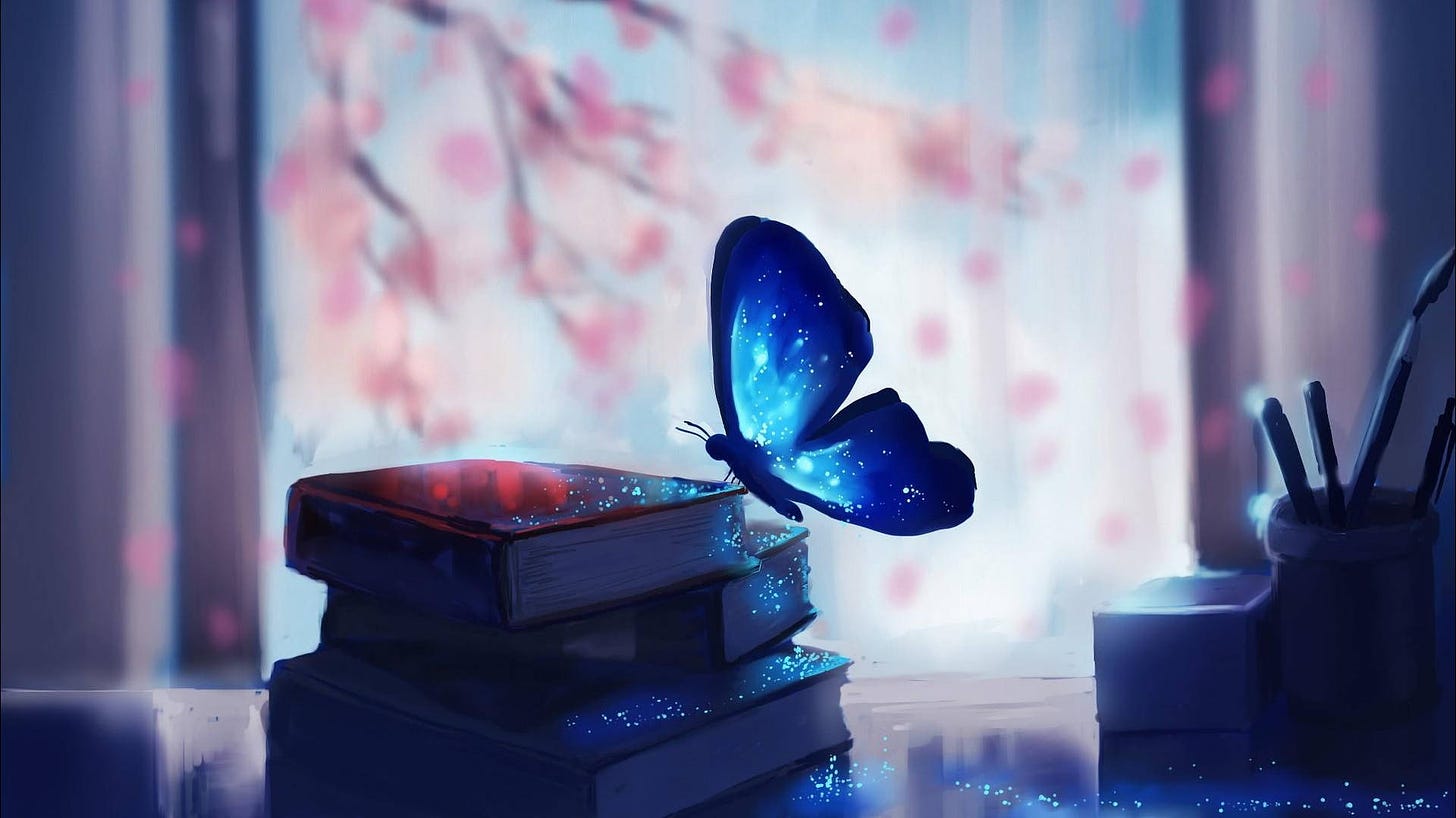 A butterfly dusting magic over a stack of books