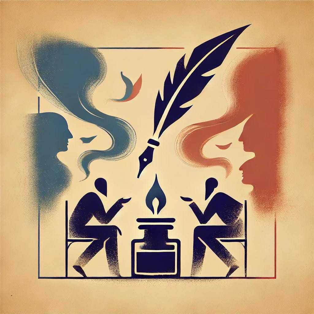 Create a minimalistic image that looks like a painting in progress. In the lower corner, include the iconic inkwell and quill, similar to an artist's signature. Depict two people with opposing views in a deep debate with each other. Use simple, abstract forms and a limited color palette to convey the scene, maintaining a serene and contemplative atmosphere. The overall style should be minimalist, with an emphasis on conveying the interaction and intensity of the debate through subtle details and brush strokes.