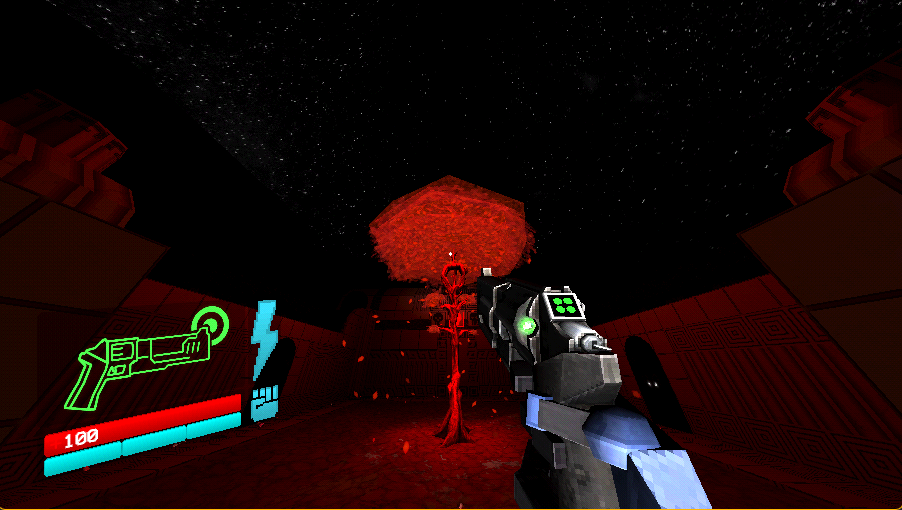 An Ultrakill screenshot of a red tree with falling red leaves. The night sky above is filled with stars.