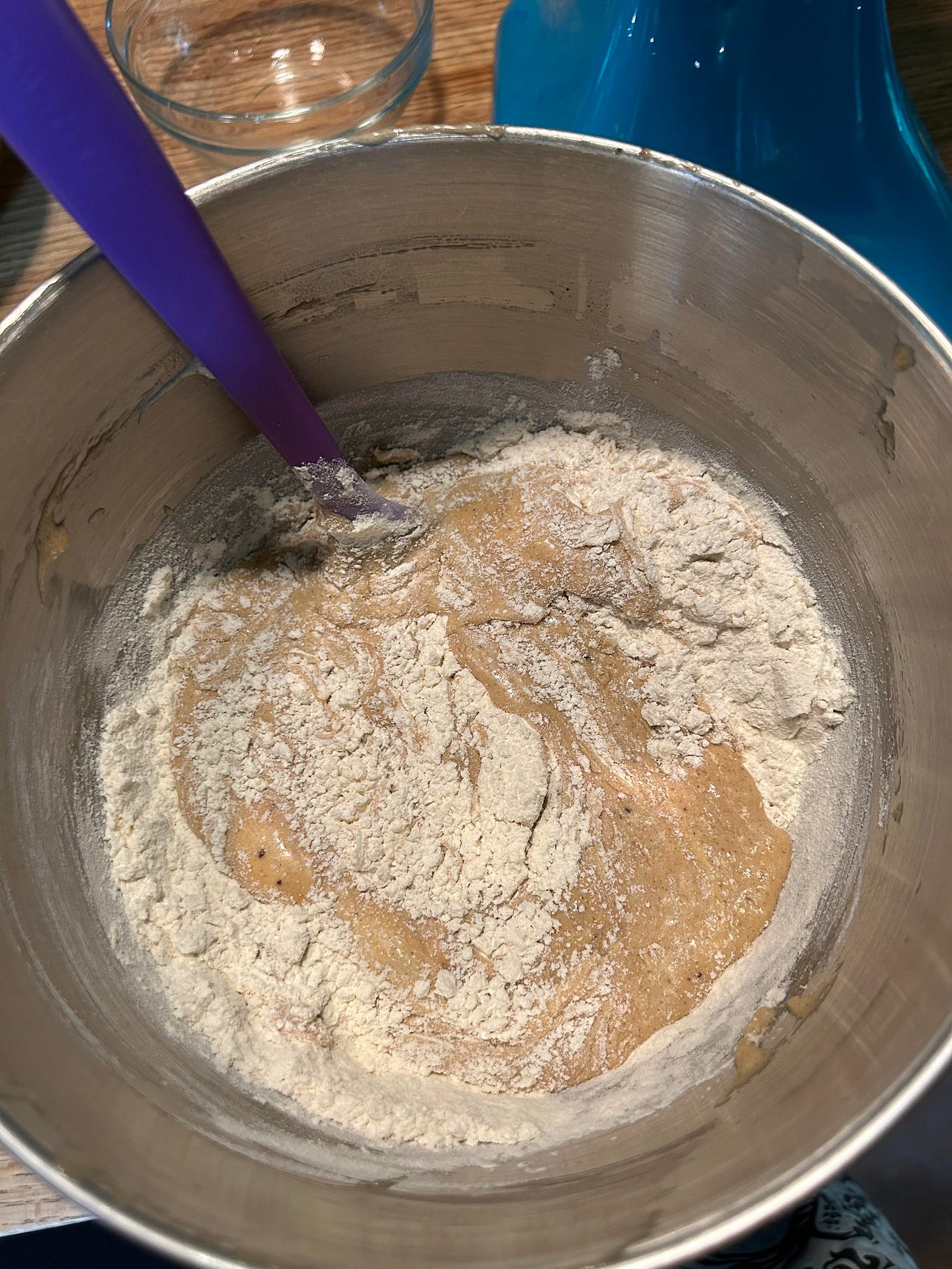a picture of partly combined flour and eggy batter. Chocolate chips soon to follow. 
