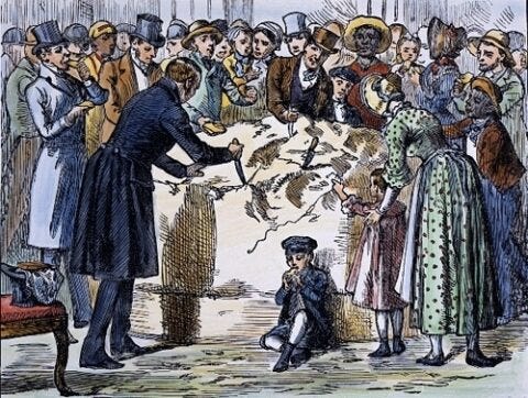 Colour illustration of people eating a GIANT hunk of cheese