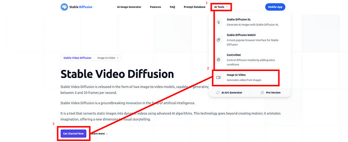 A screenshot of the frontpage of Stable Diffusion's website: marking how to reach the webpage where Stable Video Diffusion ('Image to Video') can be used.