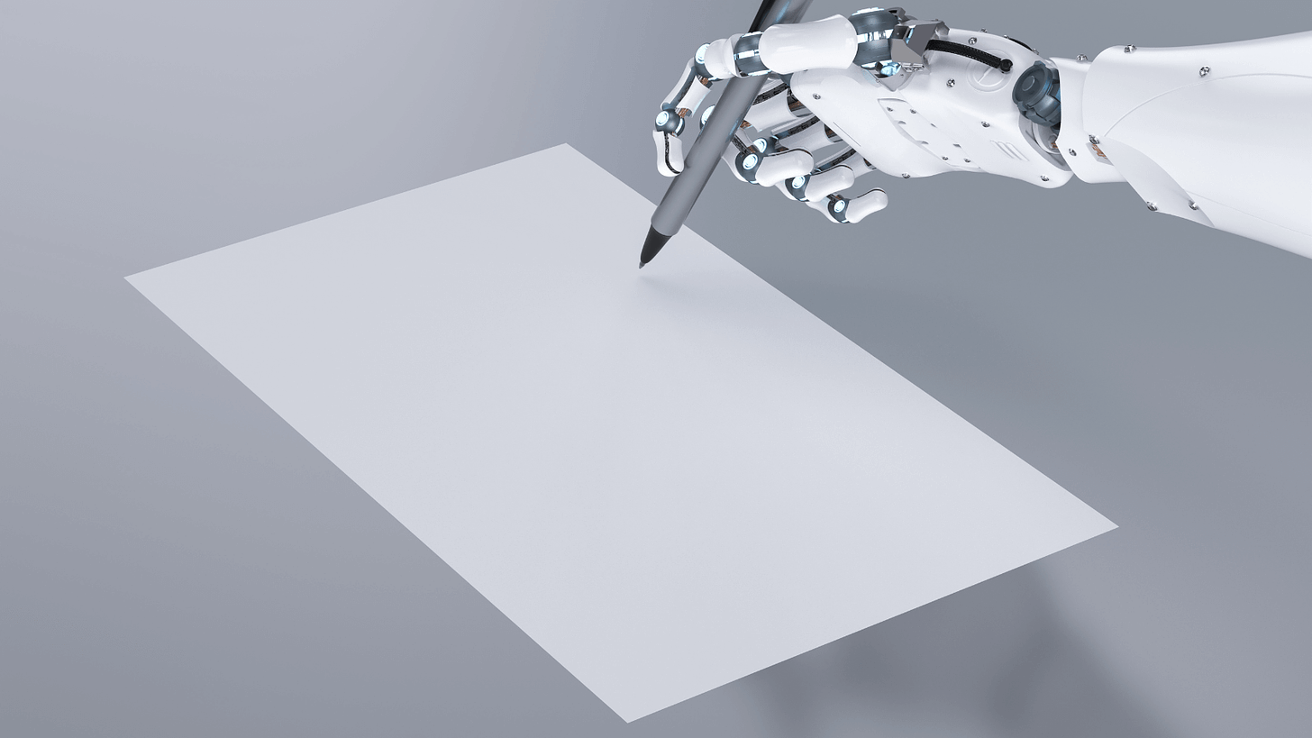 Image of robotic hand writing on a piece of blank paper