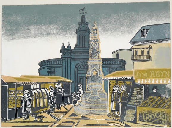 Edward Bawden R.A. (British, 1903-1989) The Market Place, Saffron Walden Linocut printed in colours, 1962, on wove, signed and numbered 25/50 in black ink, the full sheet printed to the edges, 587 x 795 (23 1/8 x 31 1/4in)(SH) image 1