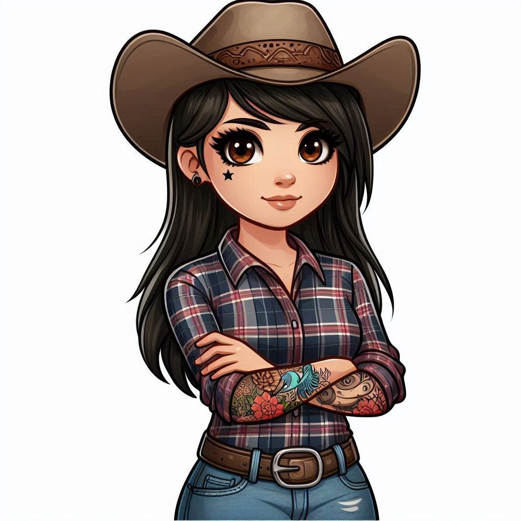 a cartoon of a woman dressed in a pair of jeans and a plaid shirt with a cowboy hat on. She has sleeve tattoos, dark hair and brown eyes.