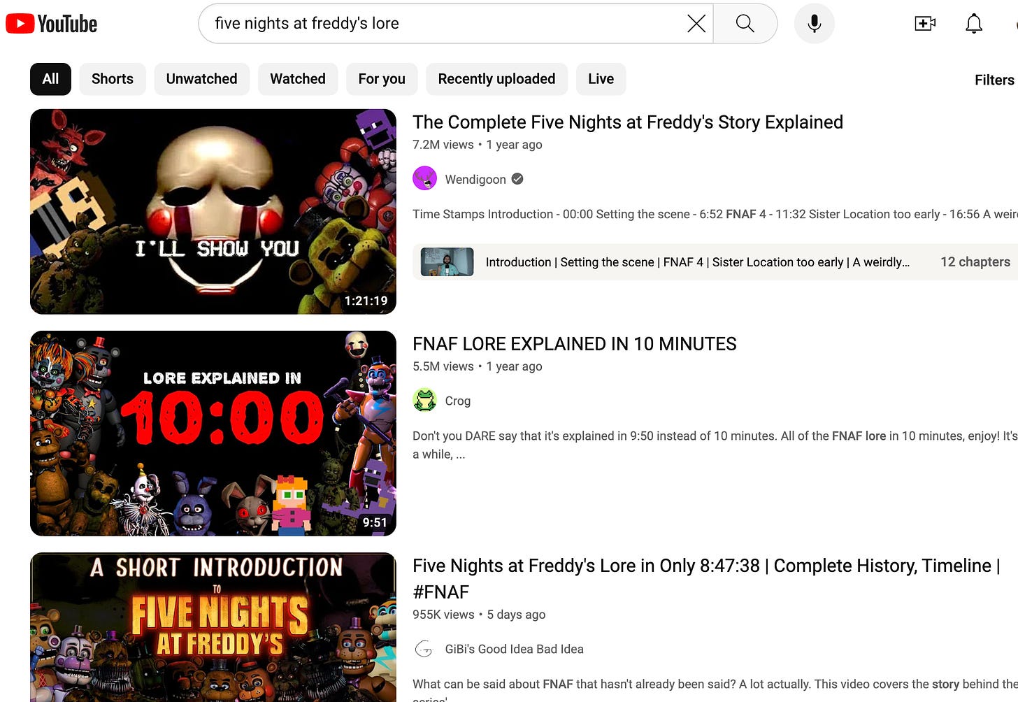 YouTube search results for Five Nights at Freddy's lore