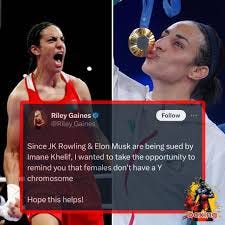 Side by side images of Algerian boxing medalist Khalid, with social media post by Riley Gaines that says " Since JK Rowling and Elon Musk are both being sued by Khalif, I wanted to take the opportunity to remind you that females don't have a Y chromosome. Hope that helps"