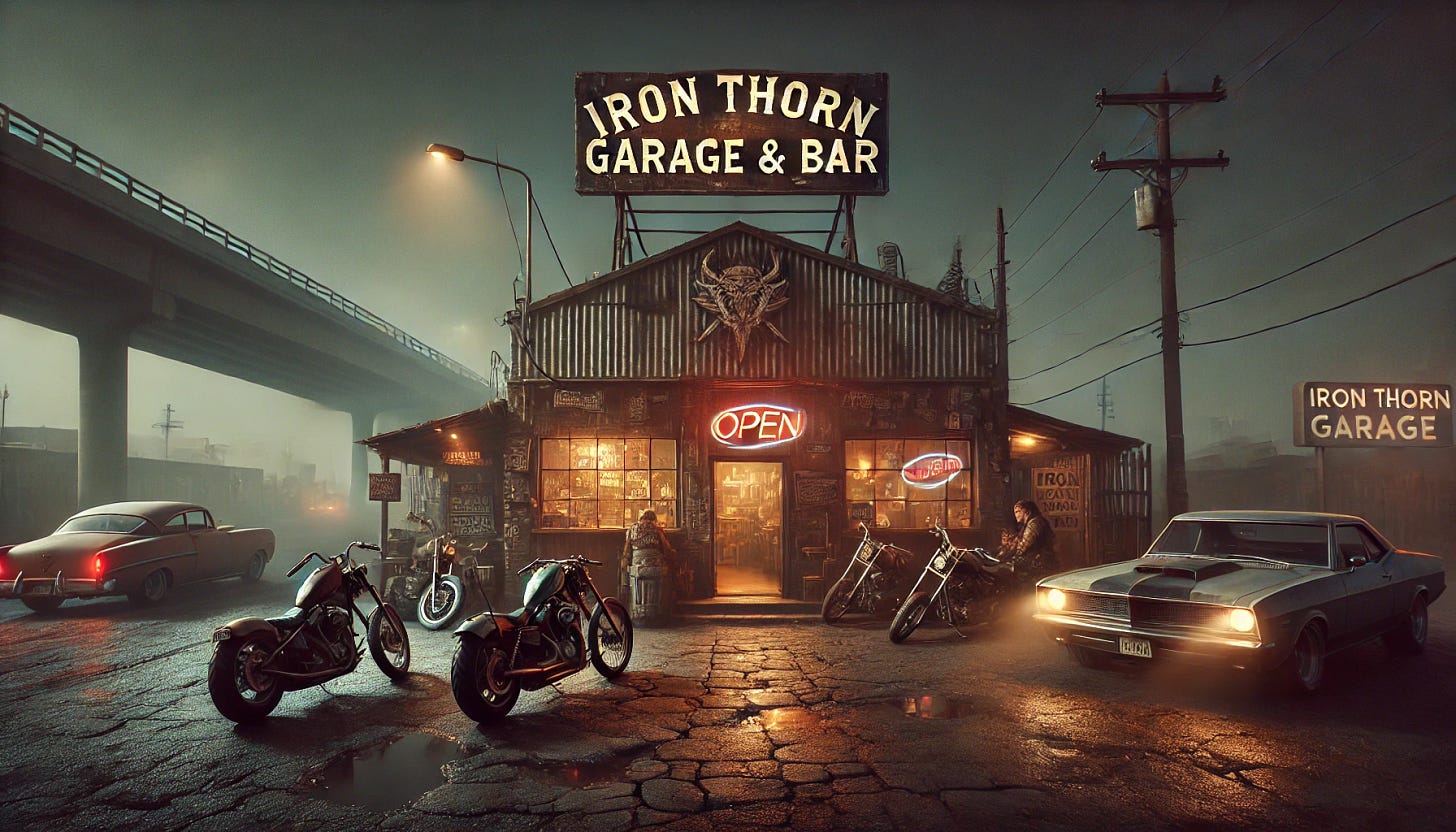 A wide-angle panoramic view of 'Iron Thorn Garage & Bar,' a dimly lit, gritty roadside bar on the outskirts of Santa Maria, just off the highway. The bar has a worn-down, industrial facade with a faded, rusted sign above the entrance. The building is made of aged brick and corrugated metal, showing signs of wear and tear. The parking lot in front is cracked and uneven, with several motorcycles, a couple of old pickup trucks, and a classic muscle car parked outside. The entrance features a heavy metal door, with a flickering neon 'Open' sign casting a dim glow. Warm light spills from inside onto the pavement, contrasting with the cold, desolate roadside. A dark highway stretches alongside, distant headlights of passing vehicles cutting through the misty night. A few rugged patrons lean against their bikes near the entrance, smoking under the dim glow of a streetlight, adding to the rough, no-nonsense atmosphere.