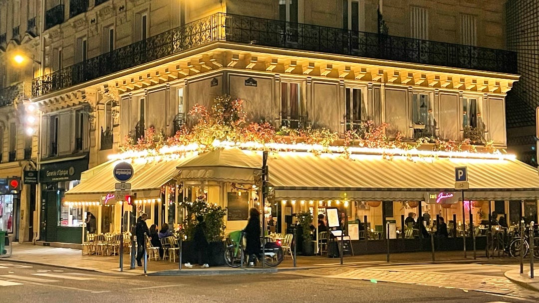 a well lit classic Parisian cafe at night