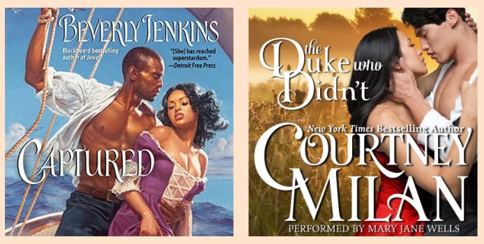 two historical romance book covers "Captured" by Beverly Jenkins and "The Duke Who Didn't" by Courtney Milan. On Captured, there are two Black main characters on a boat, and on "The Duke Who Didn't," there are two API main characters on the cover.