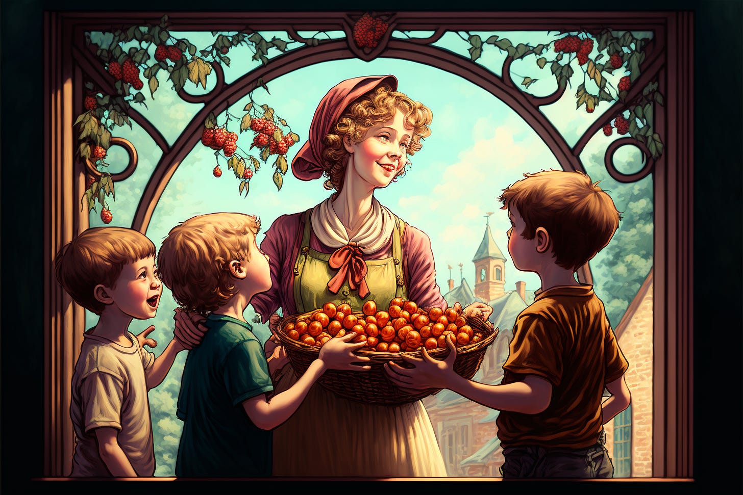 mom giving fruit away to a group of happy kids, bright sunny day