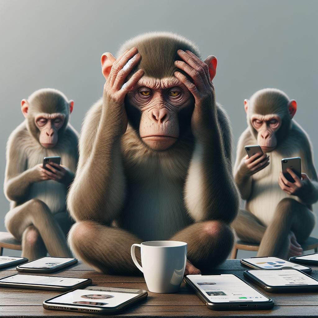 A realistic monkey with a headache sorrounded by smartphones 