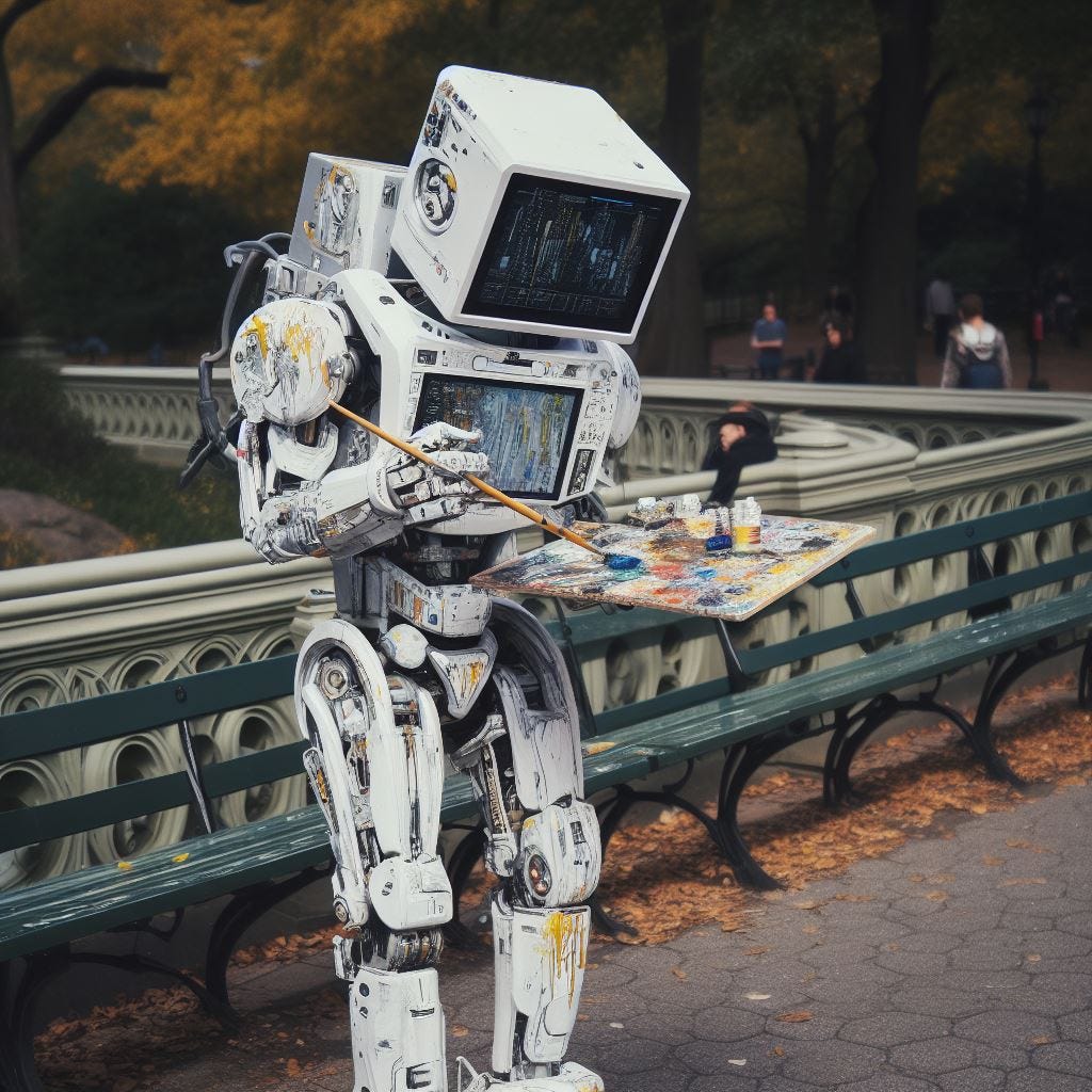 an editorial photo of a humanoid robot painter in central park, shot on a fujifilm pro 400