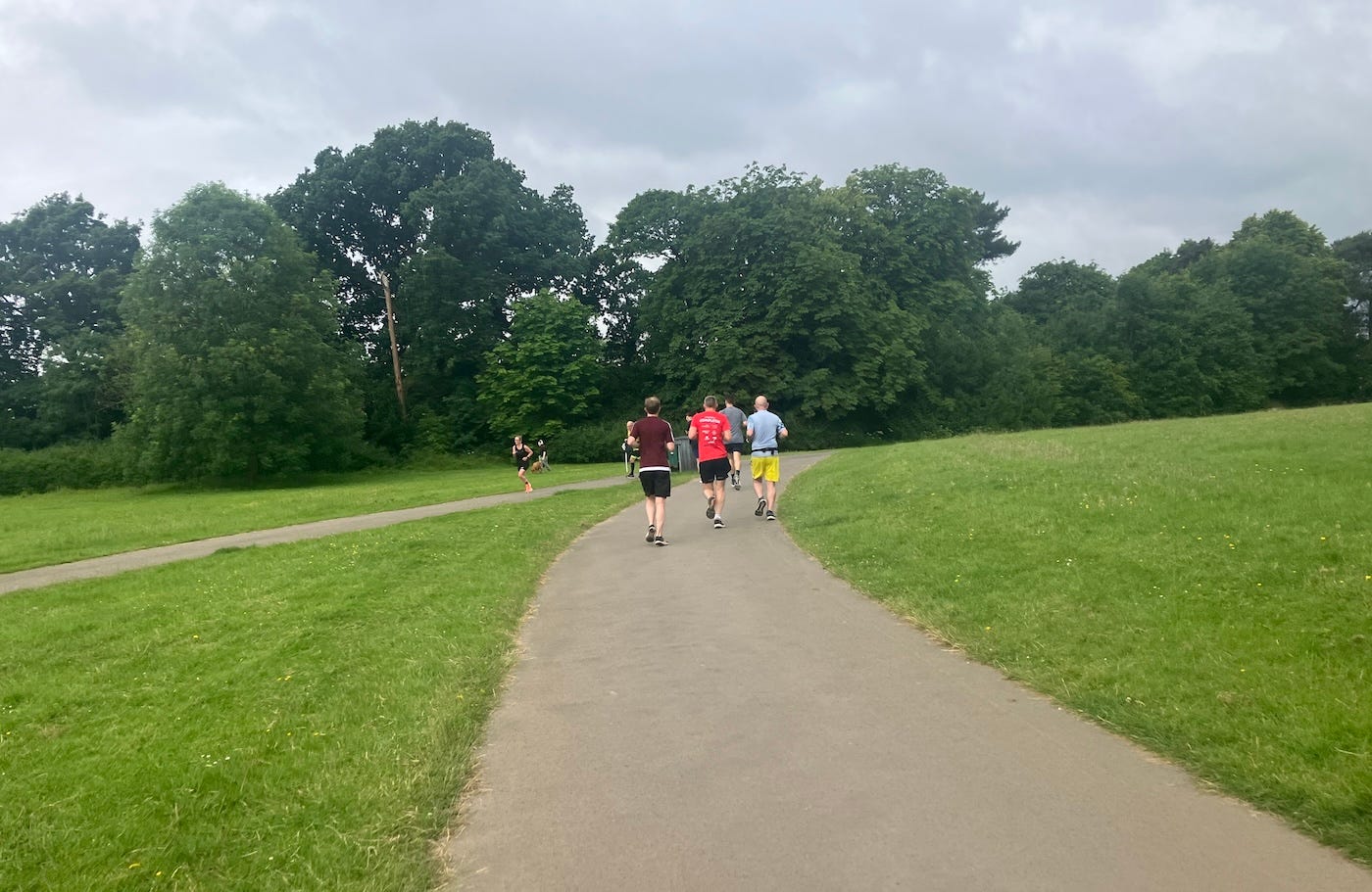 Approaching a tight turn with mown grass beside the path