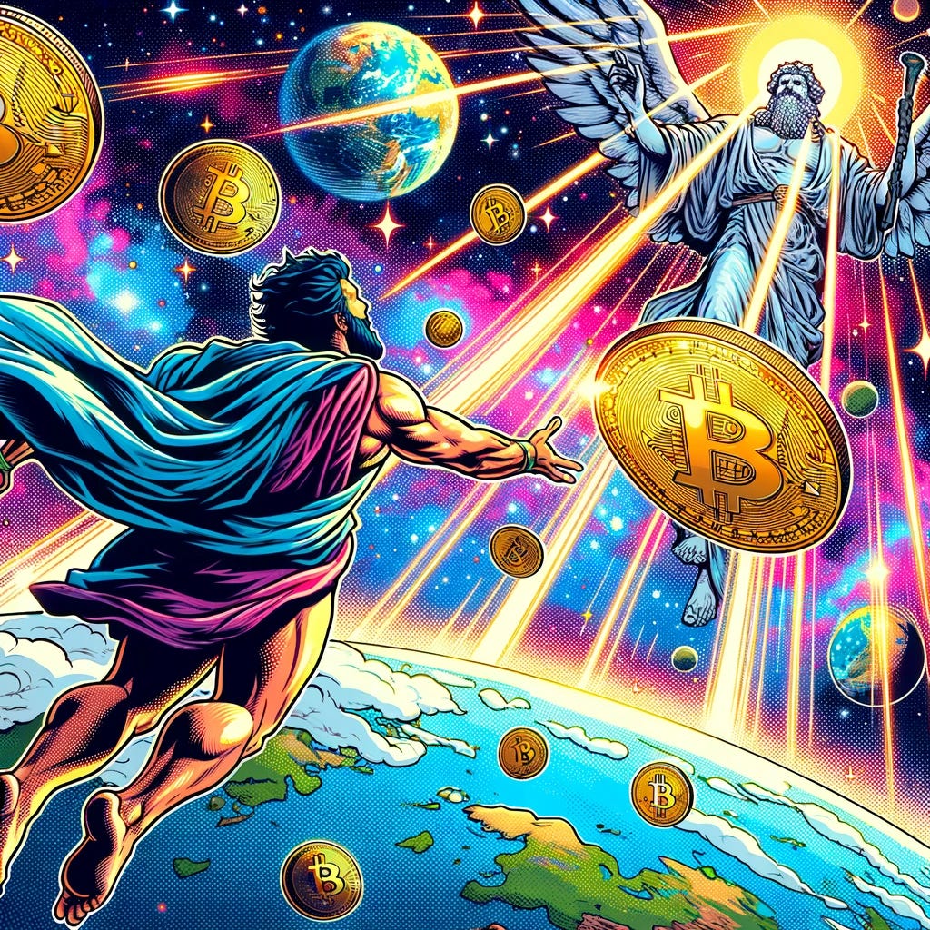 An illustration in American comics style, featuring Bitcoin personified as a god descending onto Earth. The scene captures a dramatic and powerful entrance, with Bitcoin depicted as a majestic, larger-than-life figure with ancient god-like attributes, hovering above the Earth. The background is filled with a vibrant cosmic setting, showcasing stars and galaxies. The illustration is done with bold lines, vivid colors, and halftone dots to emulate the classic American comic book aesthetic.