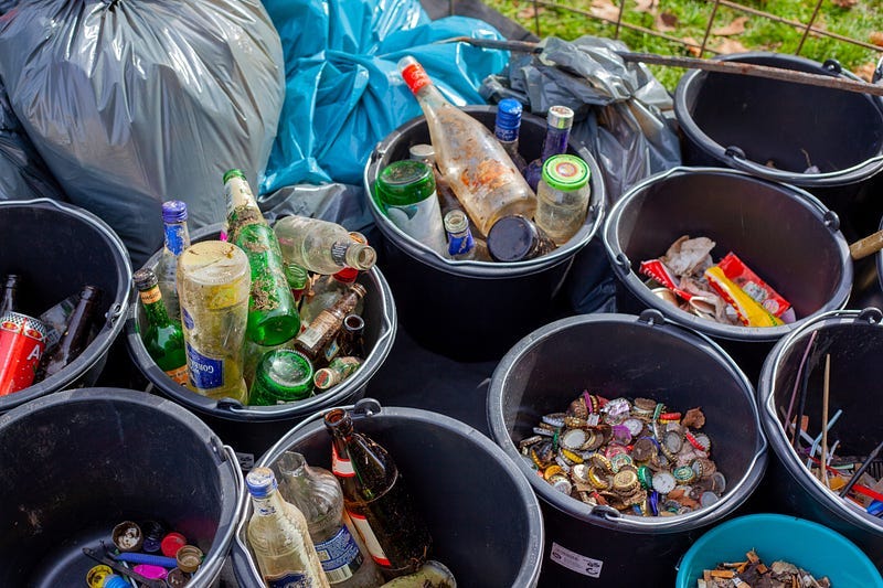 Rubbish. Lots of different bottles in different black buckets.