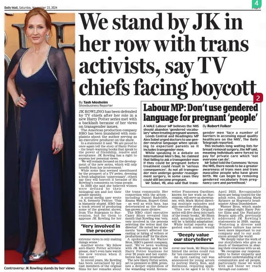 We stand by JK in her row with trans activists, say TV chiefs facing boycott Daily Mail23 Nov 2024By Tash Mosheim Showbusiness Reporter JK ROWLING has been defended by TV chiefs after her role in a new Harry Potter series met with a backlash because of her views on transgender issues.  The American production company HBO has been inundated with complaints about the author serving as an executive producer on the show.  In a statement it said: ‘We are proud to once again tell the story of Harry Potter – the heart-warming books that speak to the power of friendship, resolve and acceptance. JK Rowling has a right to express her personal views.  ‘We will remain focused on the development of the new series, which will only benefit from her involvement.’  While some fans seemed unenthused by the prospect of a TV series, deeming a fresh adaptation ‘unnecessary’, others say they will boycott it because of Ms Rowling’s comments on trans people.  In 2020 she said she believed women were defined by their biological sex and not their gender identity.  A social media user wrote on X, formerly Twitter: ‘This is blatantly stupid. HBO has a track record of producing some of the greatest shows, from The Sopranos to Succession, but for them to appease JK Rowling for her  ‘Very involved in the process’  extreme views is only making things worse.’  Another wrote: ‘My fellow anti-Harry Potter activists: please, don’t even hate watch the new version when it comes out.’  In recent years, Ms Rowling has been ostracised by key cast members of the original films for her remarks about the trans community. Her connection with the actors including Daniel Radcliffe, Emma Watson, Rupert Grint – as well as with fans, has deteriorated as the debate has grown more divisive.  The HBO chief executive Casey Bloys revealed this month that Rowling was ‘very, very involved in the process selecting the writer and the director’. He noted her statements ‘haven’t affected the casting or hiring of writers or productions staff’ for the show.  A spokesman for Warner Bros, HBO’s parent company, said: ‘We’ve been working with JK Rowling and in the Harry Potter business for over 20 years and her contribution has been invaluable.’  The new Harry Potter series, set to premiere in 2026, promises a deeper exploration of the wizarding world. Screenwriter Francesca Gardiner, known for her work on Succession, will serve as showrunner, with Mark Mylod directing multiple episodes and also executive producing.  ‘This new Max Original series will dive deep into each of the iconic books,’ Mr Bloys said, assuring audiences it will be ‘a faithful adaptation’.  While initial reports suggested each season would  ‘Deeply value our storytellers’  cover one book, Mr Bloys has hinted the series could run for ‘ten consecutive years’.  An open casting call was announced for young actors to portray Harry, Ron, and Hermione, requiring applicants to be aged 9 to 11 by April 2025. Recognisable faces are being touted for the adult roles, including Mark Rylance as Hogwarts headmaster Albus Dumbledore.  Warner Bros, which made the original eight Harry Potter films and the Fantastic Beasts spin-offs, previously addressed JK Rowling’s statements in 2020, saying: ‘Fostering a diverse and inclusive culture has never been more important to our company and to our audiences around the world.  ‘We deeply value the work of our storytellers who give so much of themselves in sharing their creations with us all.  ‘We recognise our responsibility to foster empathy and advocate understanding of all communities and all people, particularly those we work with and those we reach through our content.’  Article Name:We stand by JK in her row with trans activists, say TV chiefs facing boycott Publication:Daily Mail Author:By Tash Mosheim Showbusiness Reporter Start Page:7 End Page:7