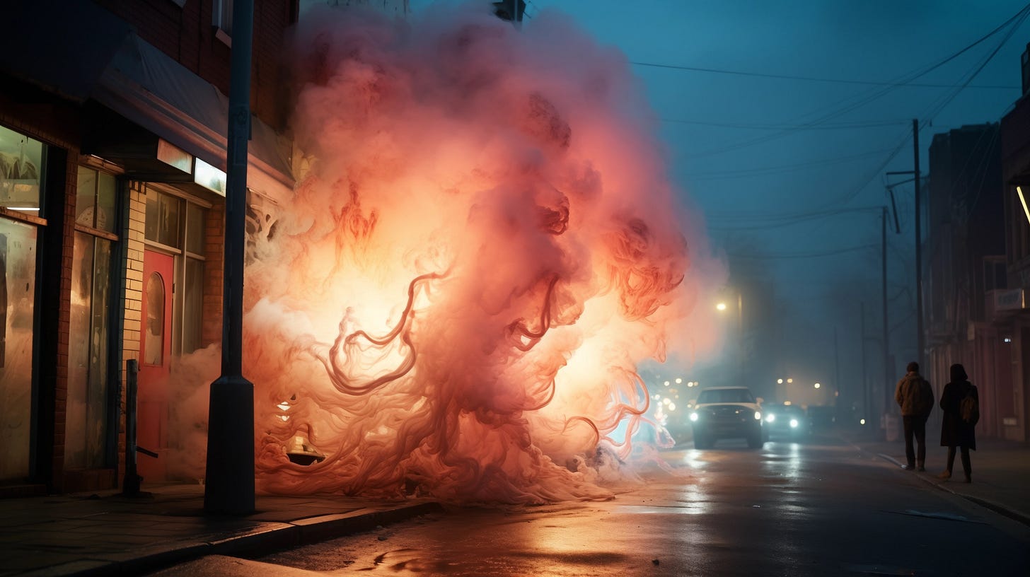 A hair-raising photograph, captured with a Panasonic Lumix S1R and a Panasonic Lumix S PRO 50mm f/1.4 lens, reveals a monstrous, amorphous entity consuming everything in its path as it oozes through the streets of a once-thriving city. The creature's pulsating, gelatinous mass is a kaleidoscope of vibrant, hypnotic colors that hide the remnants of its victims within. The sky above is shrouded in an eerie, unnatural aurora that casts a ghostly light on the decimated urban landscape. The image conveys a sense of inescapable horror and the unstoppable force of this terrifying monstrosity. --s 250 --ar 16:9