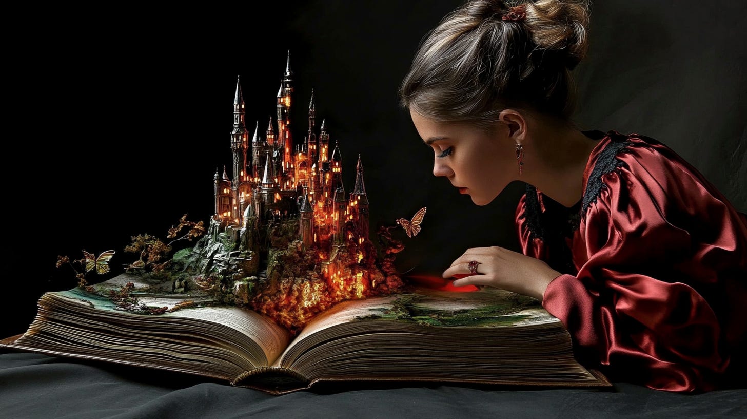 a young woman discovers a glowing golden castle in a book --ar 91:51 --sref 3644705083 --v 6.1