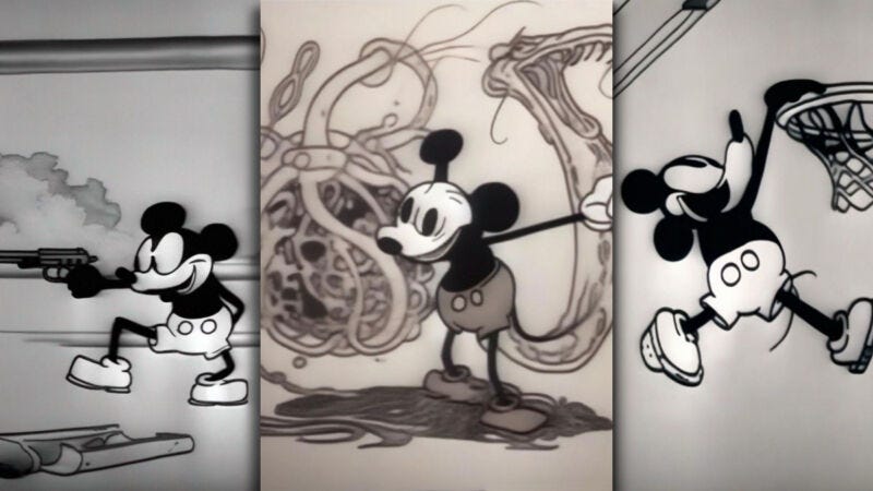 AI-generated results of a gangster Mickey Mouse, Eldritch Horror Mickey Mouse, and Basketball Mickey Mouse created by a model trained on 1928 public domain Mickey Mouse cartoons.