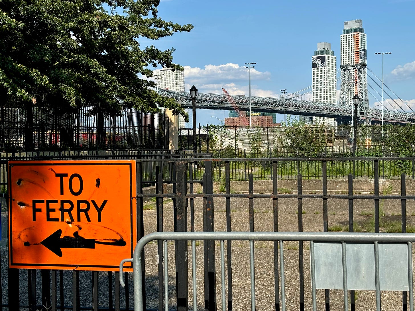 Corlears Hook Park. There is an orange sign that reads TO FERRY on the lower left-hand corner, a convenience and a reminder of what the waterfront has been to the neighborhood.