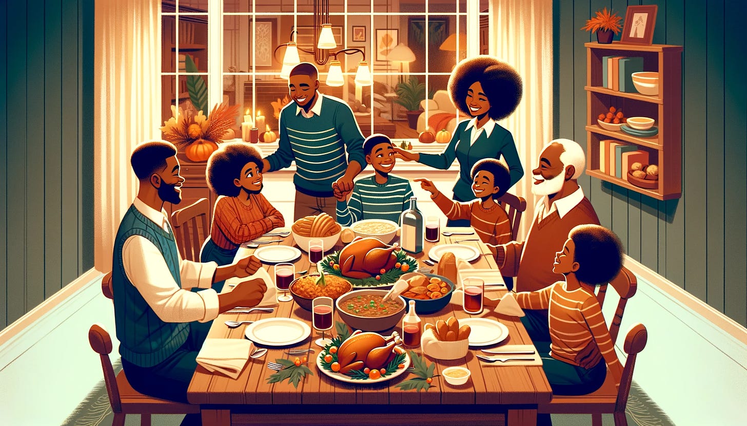 Banner image of a Black family celebrating Thanksgiving dinner with each other.