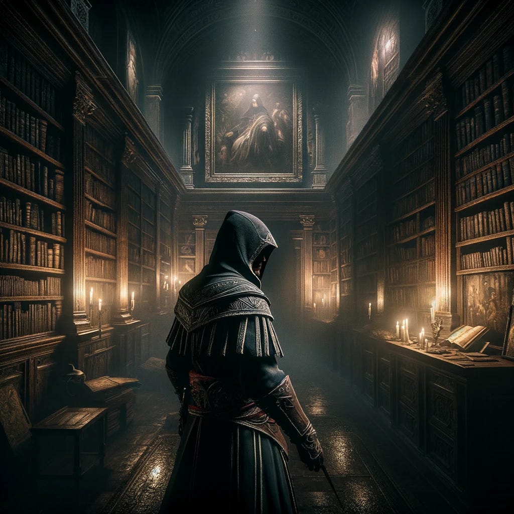 A scene deeply immersed in the Assassin's Creed theme, depicting a man shrouded in deeper shadows within a dimly lit library filled with Renaissance art. This library is even more mysterious, with the majority of its space engulfed in darkness, barely illuminated by the faint glow of candlelight. The tall wooden bookshelves loom like silent sentinels, their contents obscured by the gloom. The cloaked figure is almost invisible, a mere whisper of movement in the profound shadows, his silhouette barely discernible. His attire, though reminiscent of a Renaissance era assassin with a hooded cloak and leather bracers, blends even more into the darkness. The Renaissance paintings on the walls are now just ghosts of colors and shapes, suggesting an atmosphere thick with secrets and the ancient. This scene is all about the interplay of light and shadow, creating a more intense feeling of intrigue and hidden danger.