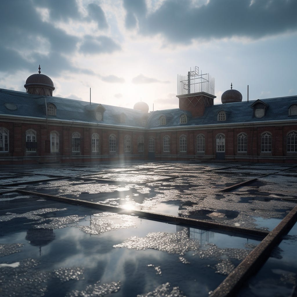 AI image of sun shining onto pools of water on a prison roof