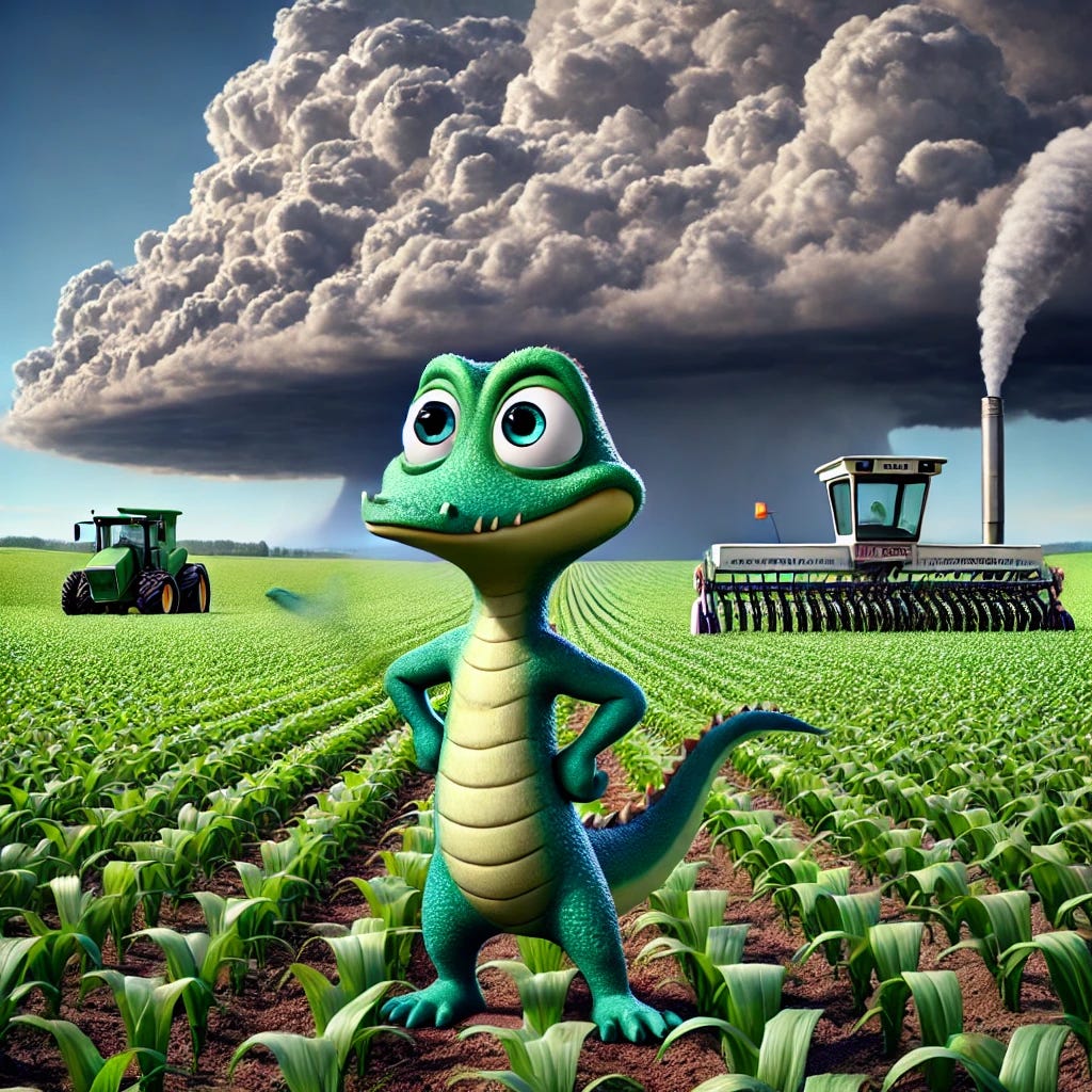 A Pixar-Disney style image of Croaky, a small, cute anthropomorphic gator, standing defiantly in a lush field of crops with dramatic storm clouds rolling in the background. Croaky looks determined and resolute, gesturing toward a modern, automated farm machine in the distance. The scene is vibrant and detailed, with rows of crops extending into the horizon, symbolizing progress and reform. Croaky's pose is strong, embodying advocacy and resilience in the face of challenges.