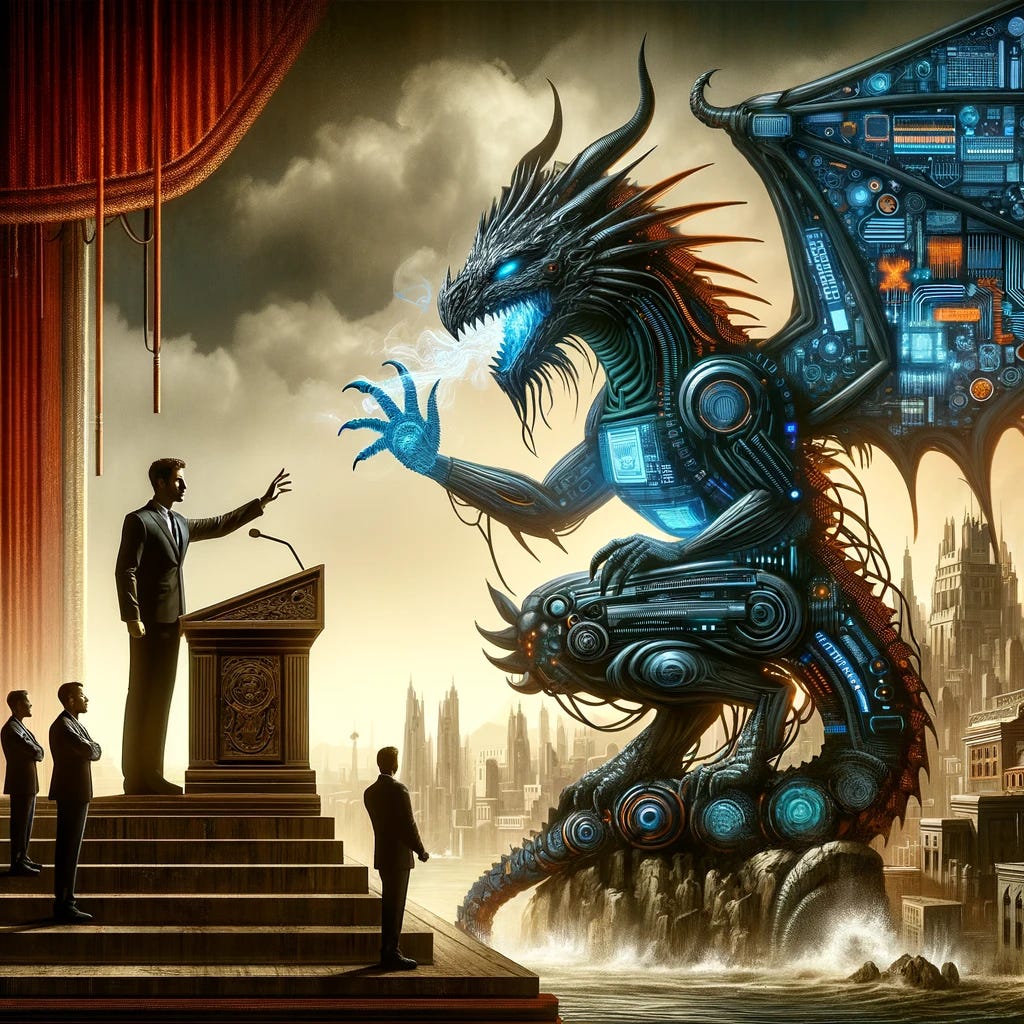 A symbolic representation of the relationship between Technology and Politics. Technology is depicted as a formidable, high-tech dragon, with elements of circuitry and digital displays, symbolizing advanced technology. Politics is represented by a figure looking like a politician, standing at a bully pulpit, dressed in a suit, conveying authority and control. The politician is gesturing towards the dragon, indicating an attempt to influence or control it. The setting is a dramatic landscape, merging a futuristic cityscape with elements of a traditional political arena, highlighting the intersection of technology and governance. The atmosphere is intense, with a focus on the struggle and balance of power between technological innovation and political authority.