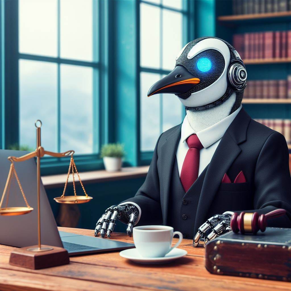 cyborg penguin lawyer seated at a cafe