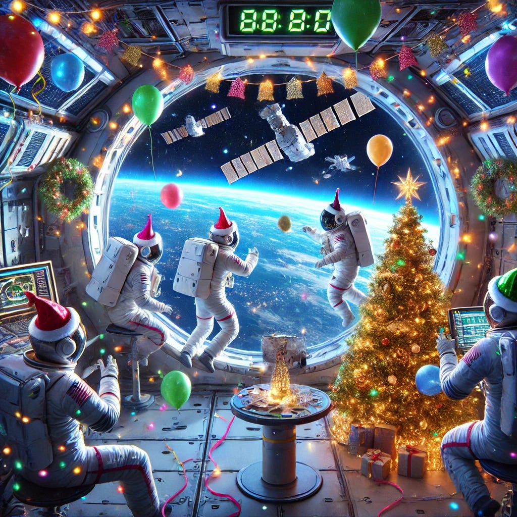 A festive New Year scene in space featuring astronauts celebrating aboard a spacecraft. They are wearing colorful party hats, surrounded by floating decorations like streamers and balloons. Outside the window, a spectacular view of Earth and distant stars adds to the ambiance. A zero-gravity Christmas tree with glowing lights floats nearby, and a digital clock counts down to the New Year.