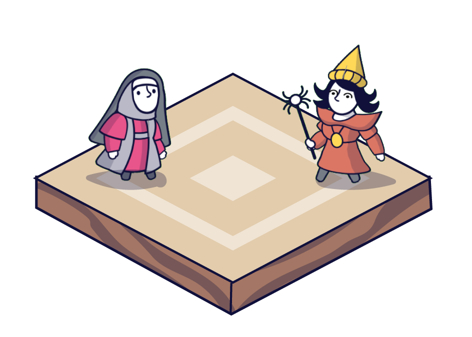 A nun and a witch on a tile from the game Becoming Saint.