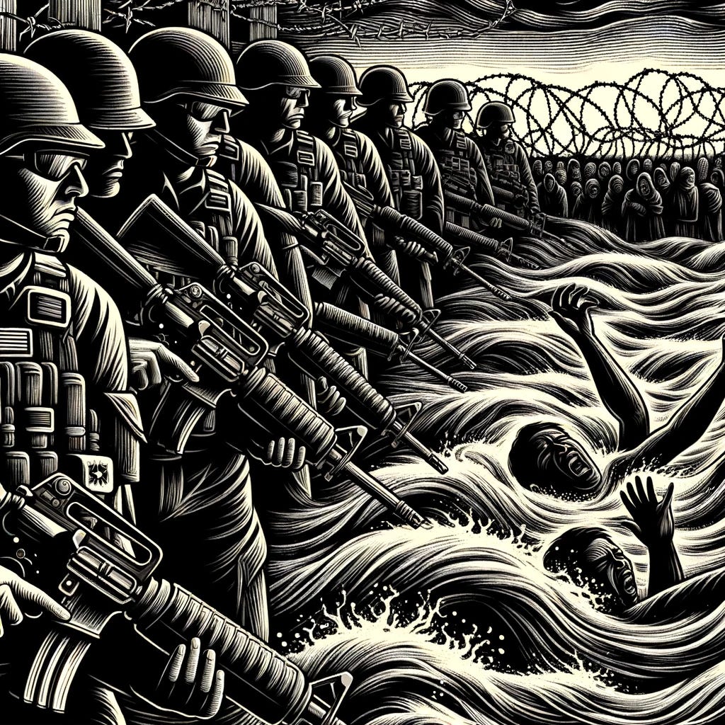 A woodcut style illustration depicting a dramatic and intense scene. The image features troops equipped with AR15 rifles, positioned behind barbed wire. They are illustrated with stern and authoritative expressions, highlighting the seriousness of their role. The barbed wire in front of them adds a stark and formidable barrier element to the scene. In the foreground, a turbulent river flows, with people visibly struggling and appearing to be drowning. The river's current is dynamically represented with swirling lines, enhancing the sense of chaos and distress. The faces of the people in the water show fear and desperation. The overall mood of the illustration is dark and tragic, capturing the gravity of the situation.