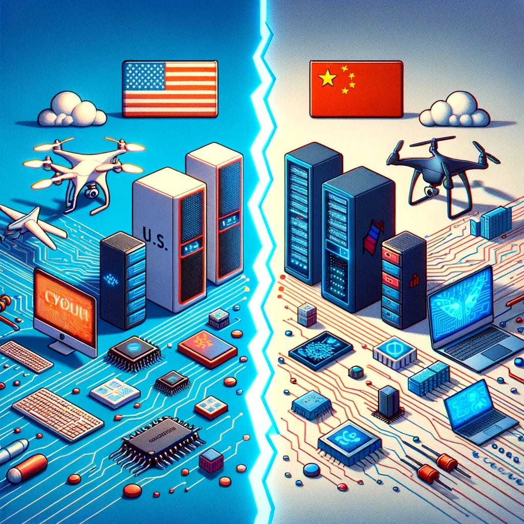 Cel-shaded 3D image illustrating a digital divide. On the left, modern tech symbols from the U.S. including computer servers, digital circuits, and tech logos. On the right, tech symbols from China such as drones, advanced computing devices, and AI robotics. A clear split separates the two sides, highlighting the competitive tech landscape between the nations. The image is adorned with hand-drawn textures typical of cel-shading.