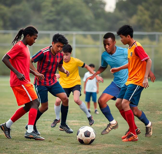 6 teens on a soccer field. Two African Teens and Three Asian teens are trying to kick the ball. The European-American teen is left out