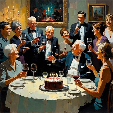 Man giving a toast with family and friends around for a birthday party.