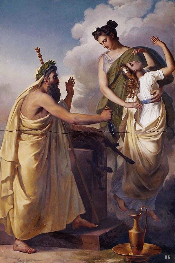 Dipinto neoclassico del sacrificio di Ifigenia: Agamennone, con gesto solenne, si prepara a sacrificare sua figlia per placare l’ira della dea Artemide. L’opera evoca il mito greco in cui le colpe dei padri ricadono sui figli, in una tragica eredità intergenerazionale che attraversa le generazioni – un richiamo simbolico alle questioni etiche che legano presente e generazioni future. Dipinto neoclassico del sacrificio di Ifigenia: Agamennone, con gesto solenne, si prepara a sacrificare sua figlia per placare l’ira della dea Artemide. L’opera evoca il mito greco in cui le colpe dei padri ricadono sui figli, in una tragica eredità intergenerazionale che attraversa le generazioni – un richiamo simbolico alle questioni etiche che legano presente e generazioni future.